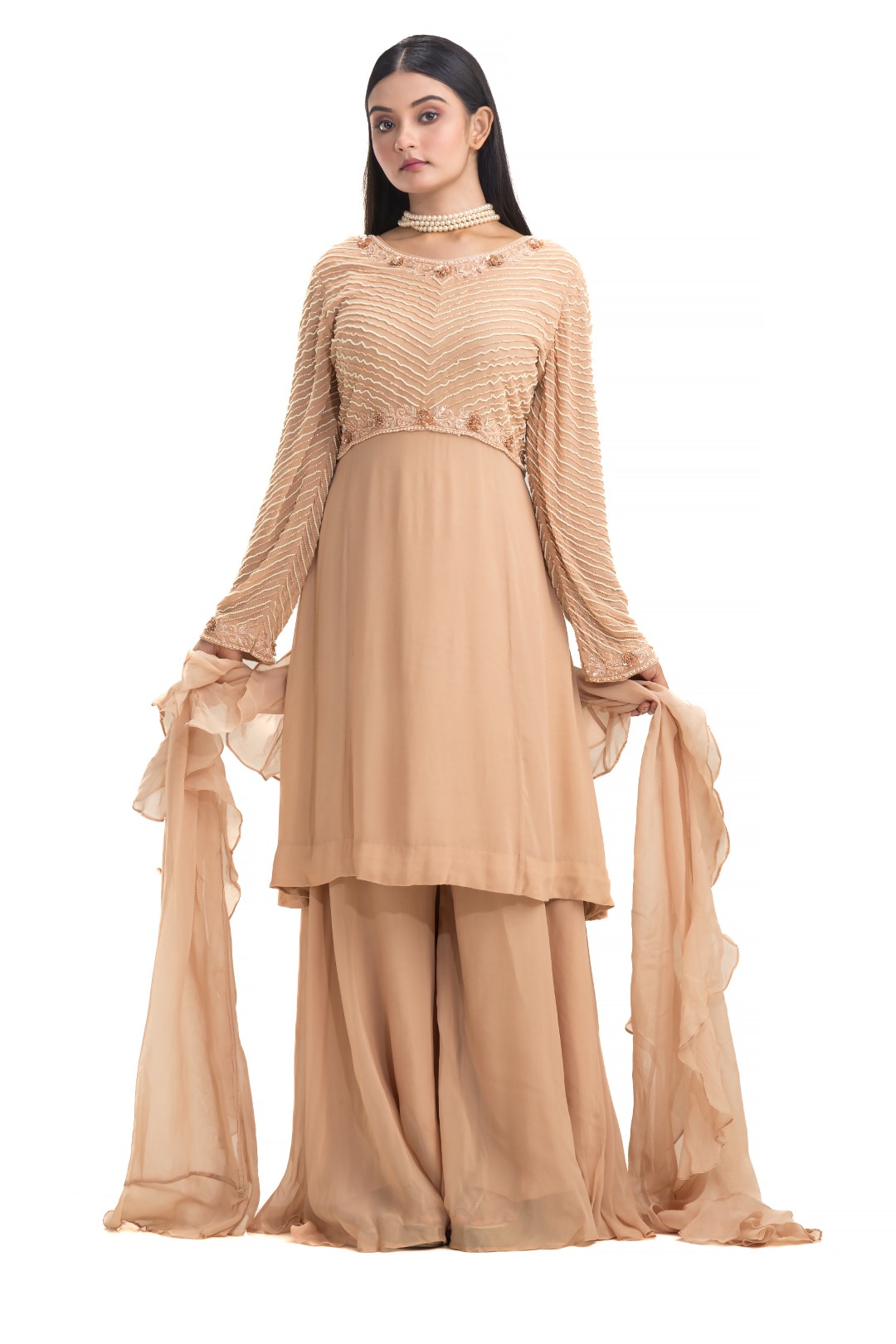 Beige-Brown Sharara Set with Pearls, Sequins, and Ruffled Dupatta