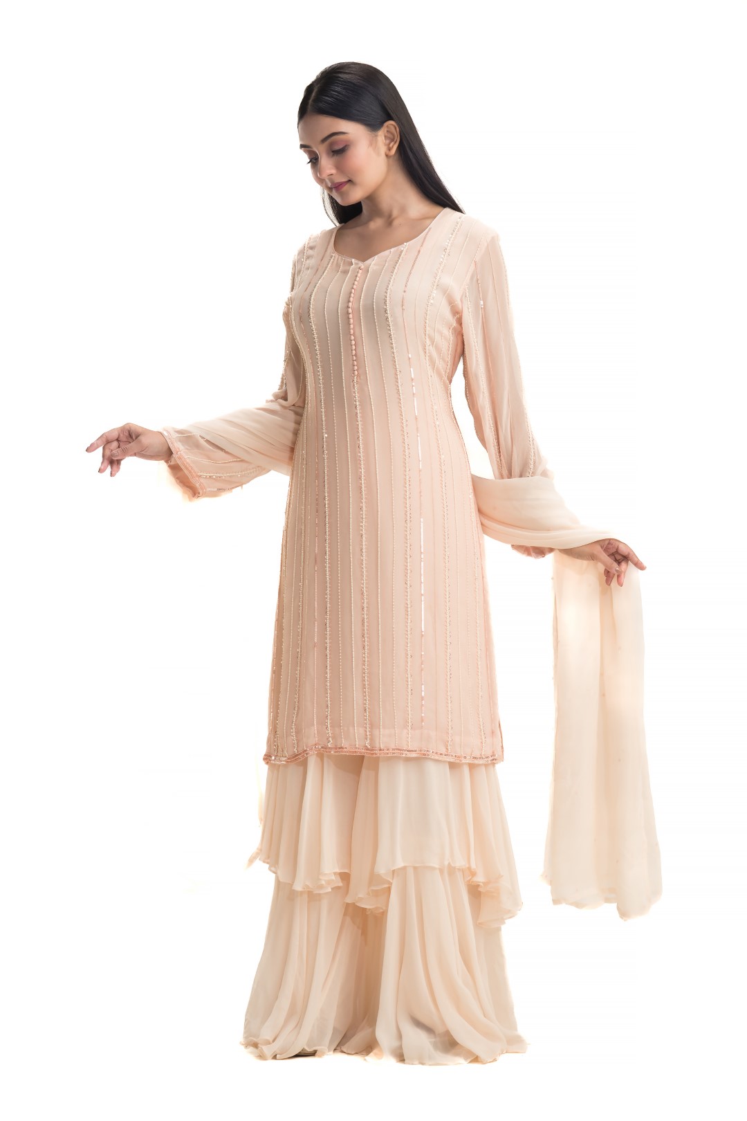 Pastel Peach Double Layer Gharara Set with Sequin and Pearl Detailing