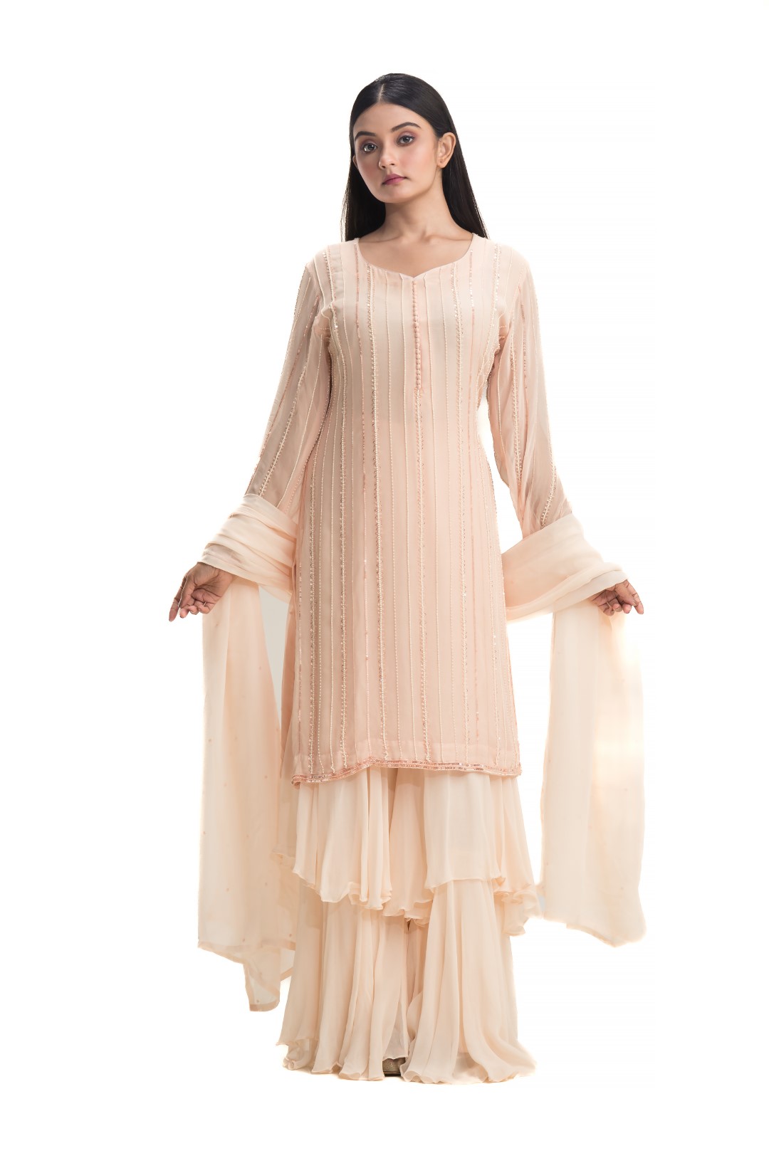 Pastel Peach Double Layer Gharara Set with Sequin and Pearl Detailing