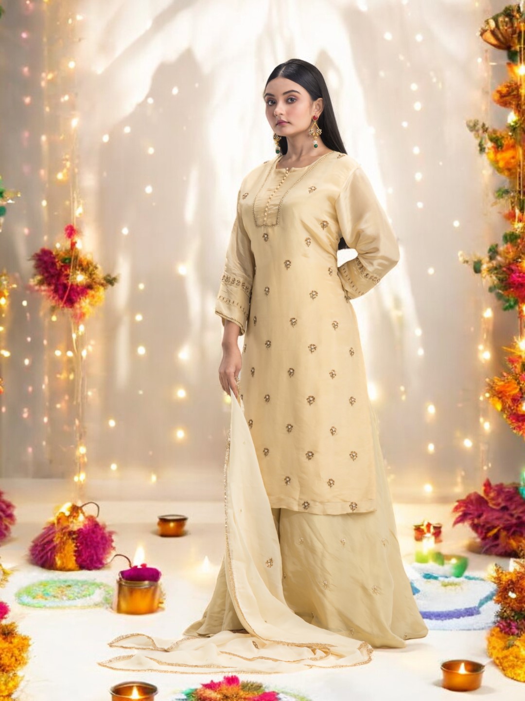 Beige Sharara Set with Minimalist Zardosi and Sequin Embroidery