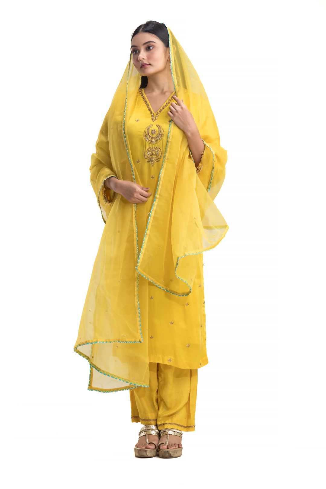 Bright Yellow Salwar Kameez Set with Gold Zardosi Embroidery