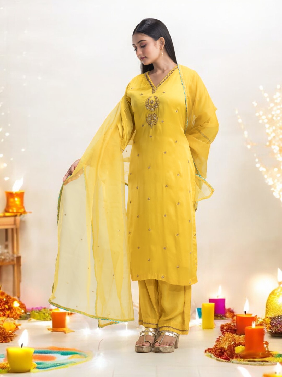 Bright Yellow Salwar Kameez Set with Gold Zardosi Embroidery