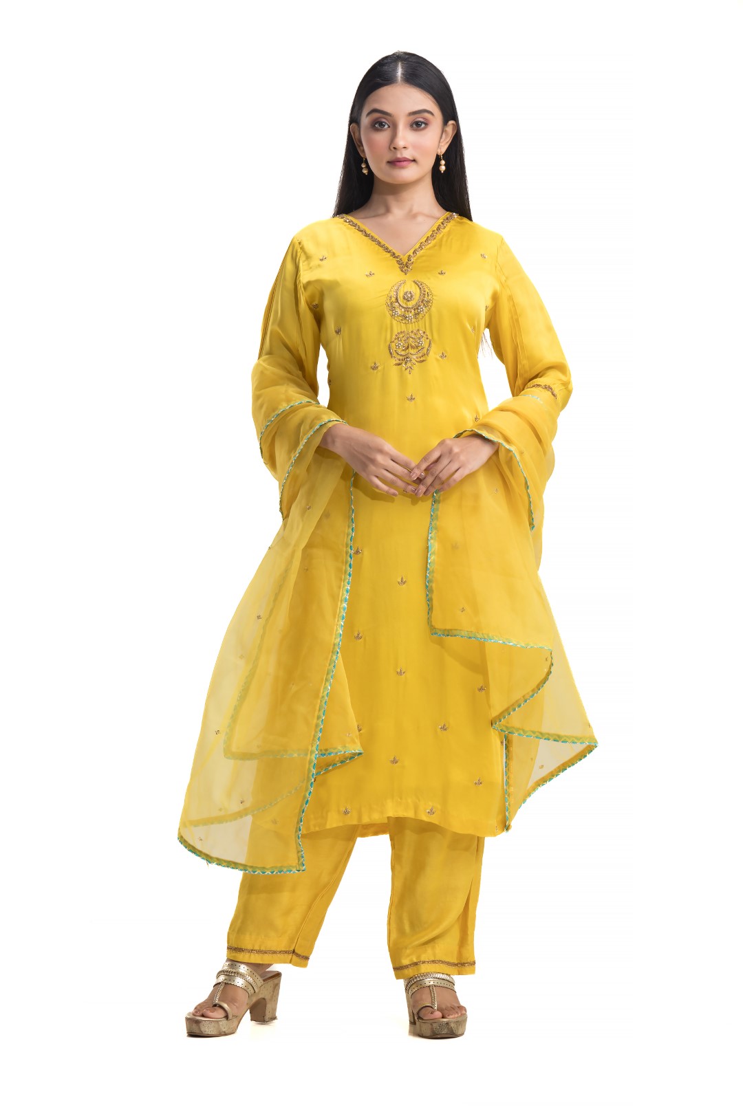 Bright Yellow Salwar Kameez Set with Gold Zardosi Embroidery