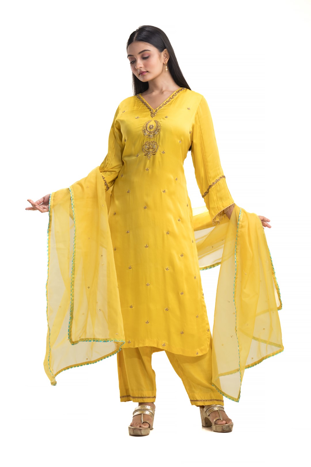 Bright Yellow Salwar Kameez Set with Gold Zardosi Embroidery