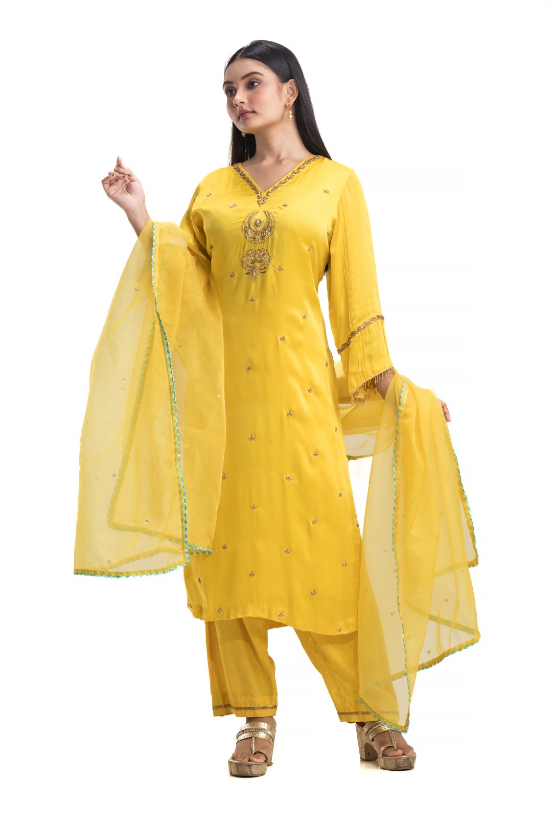 Bright Yellow Salwar Kameez Set with Gold Zardosi Embroidery