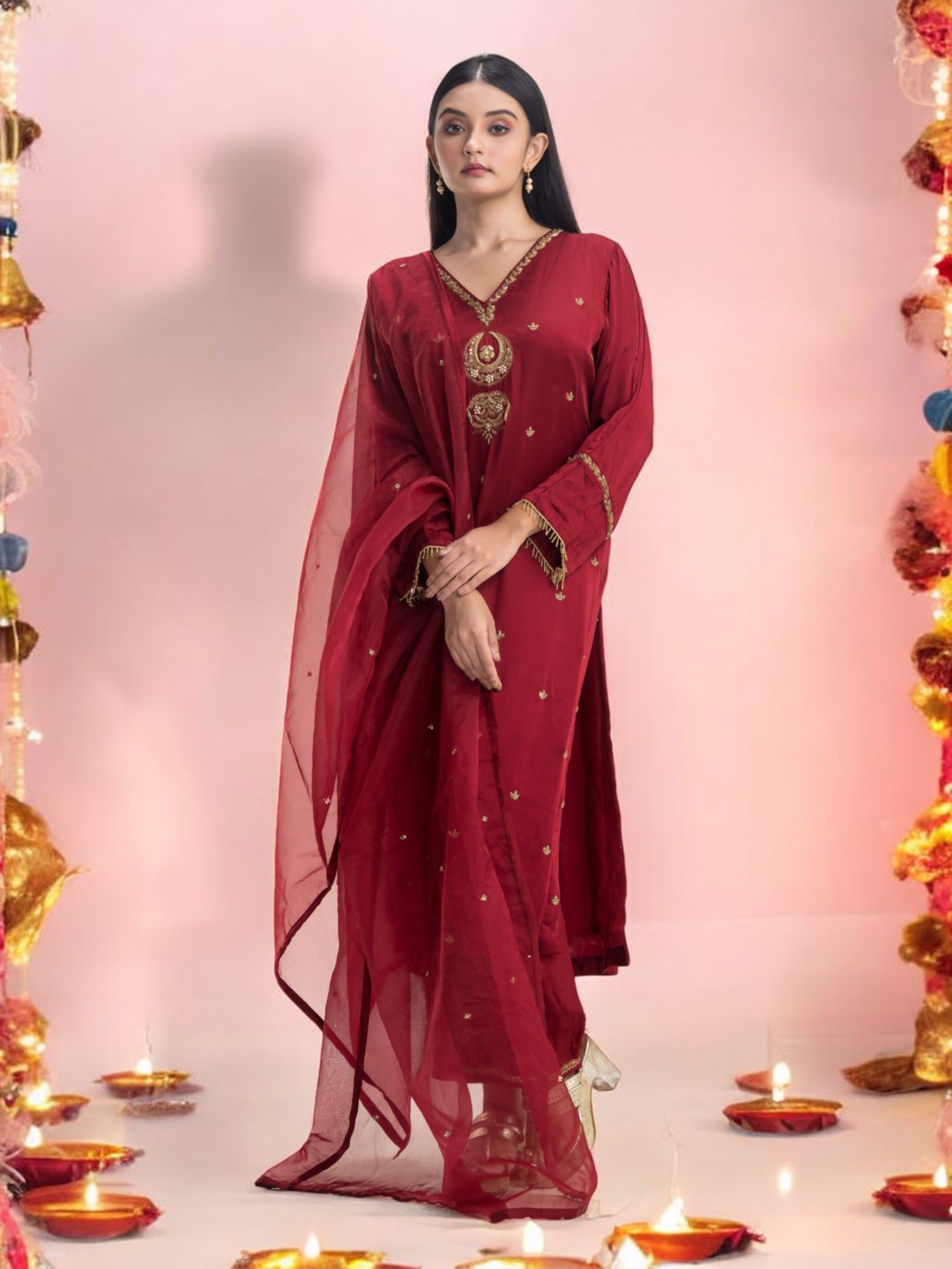 Bright Red Salwar Kameez Set with Zardosi Embroidery