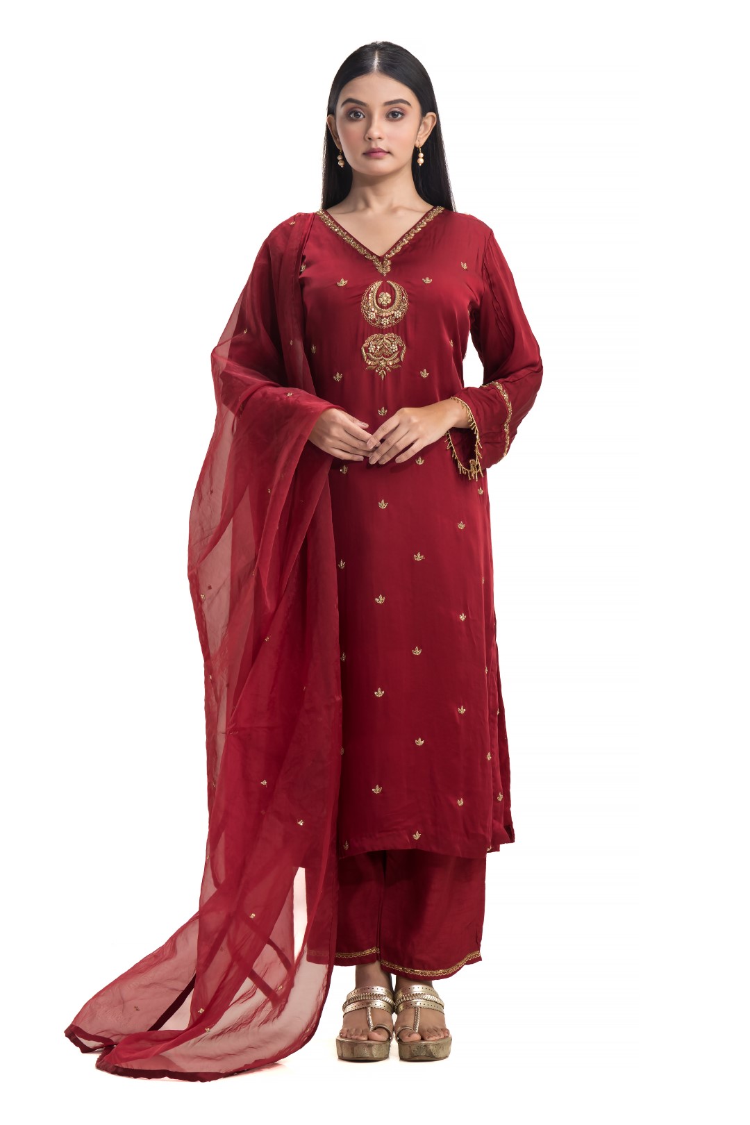 Bright Red Salwar Kameez Set with Zardosi Embroidery