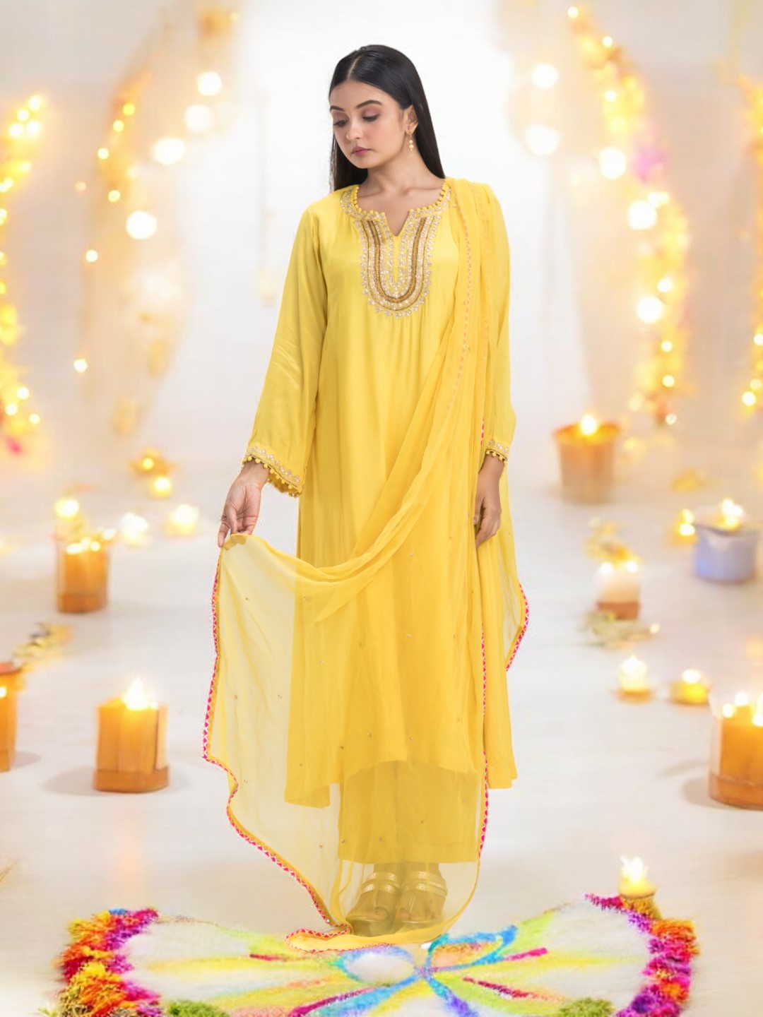 Modern Yellow A-Line Kurta Set with Intricate Gotta Patti Embroidery