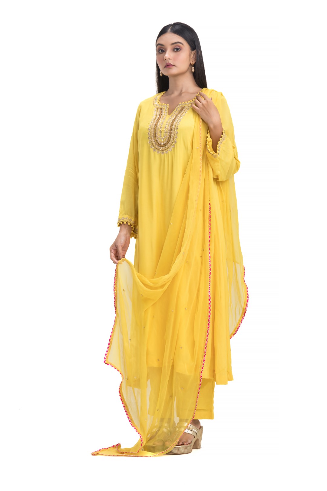 Modern Yellow A-Line Kurta Set with Intricate Gotta Patti Embroidery