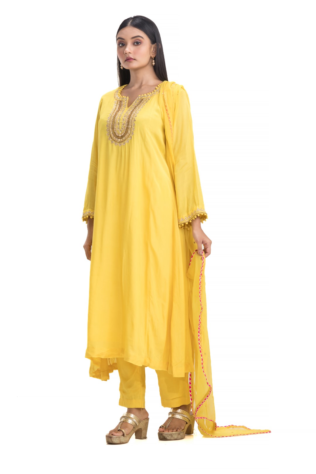 Modern Yellow A-Line Kurta Set with Intricate Gotta Patti Embroidery