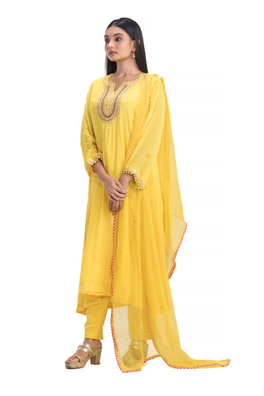 Modern Yellow A-Line Kurta Set with Intricate Gotta Patti Embroidery