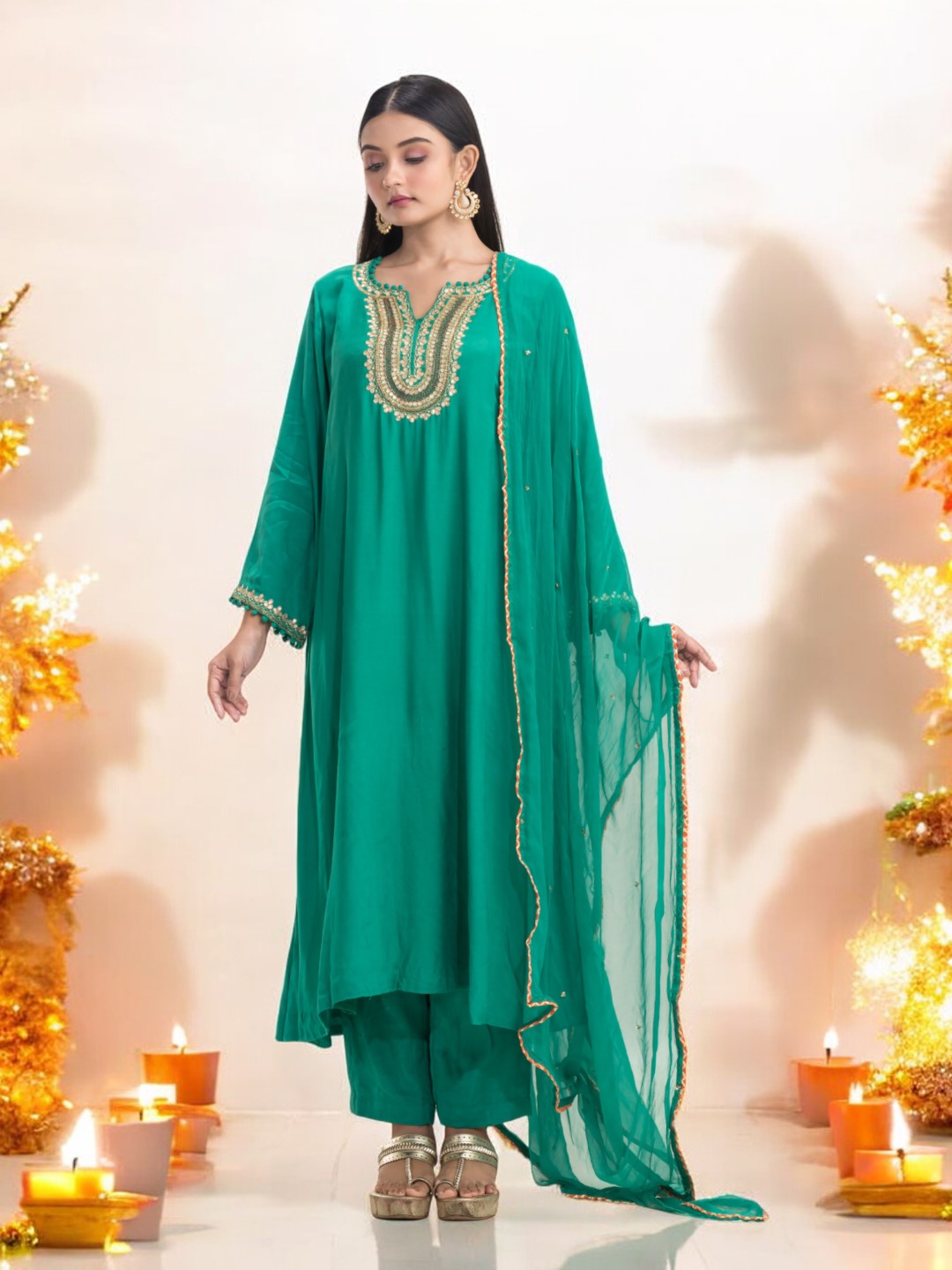 Modern Teal A-Line Kurta Set with Intricate Gotta Patti Embroidery