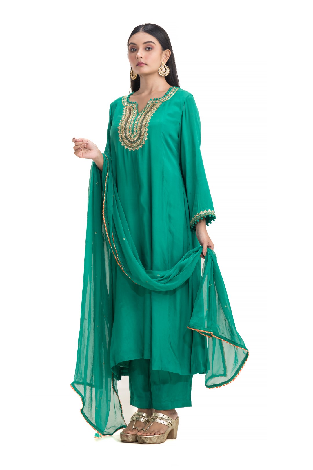 Modern Teal A-Line Kurta Set with Intricate Gotta Patti Embroidery