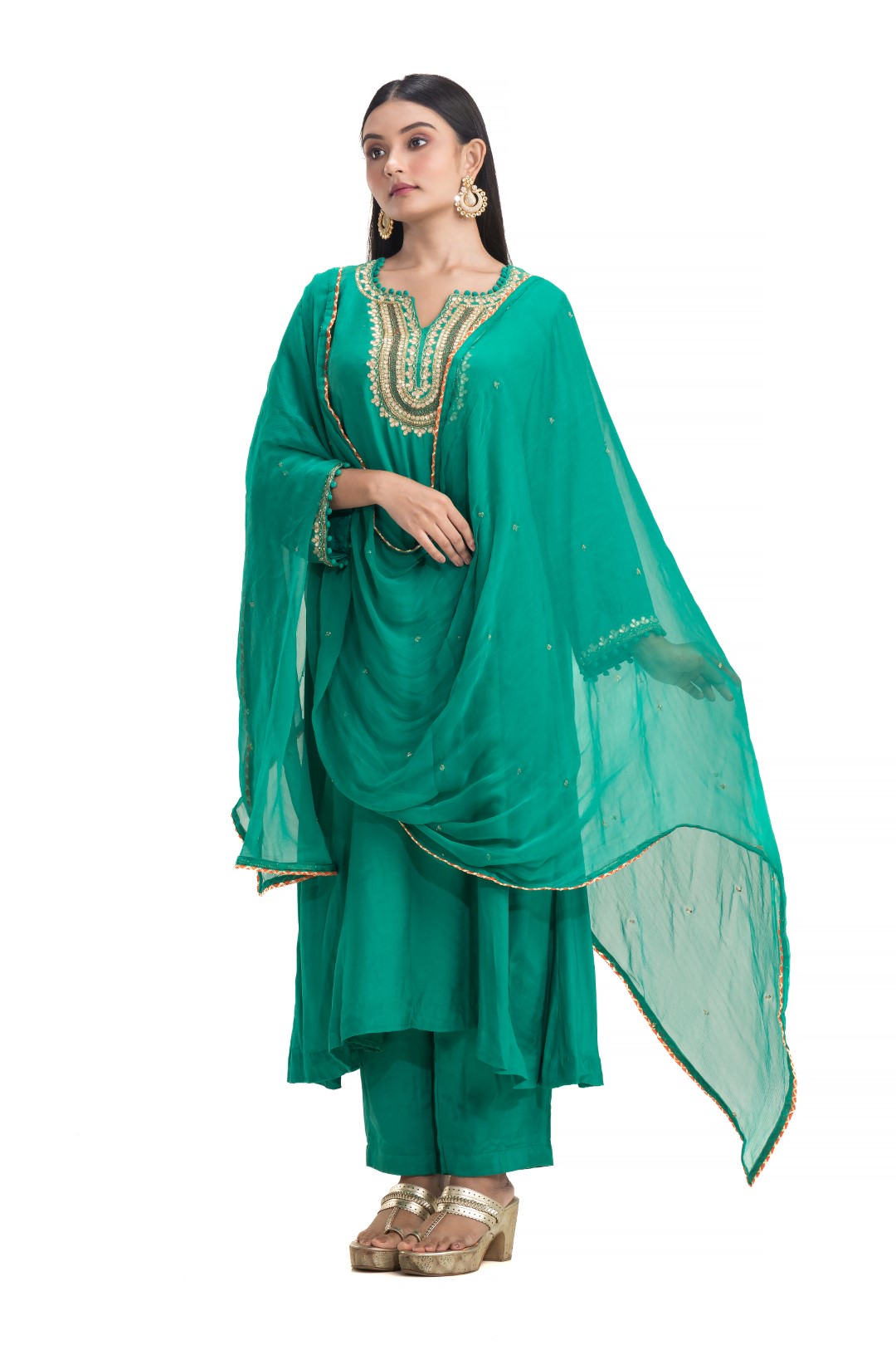 Modern Teal A-Line Kurta Set with Intricate Gotta Patti Embroidery