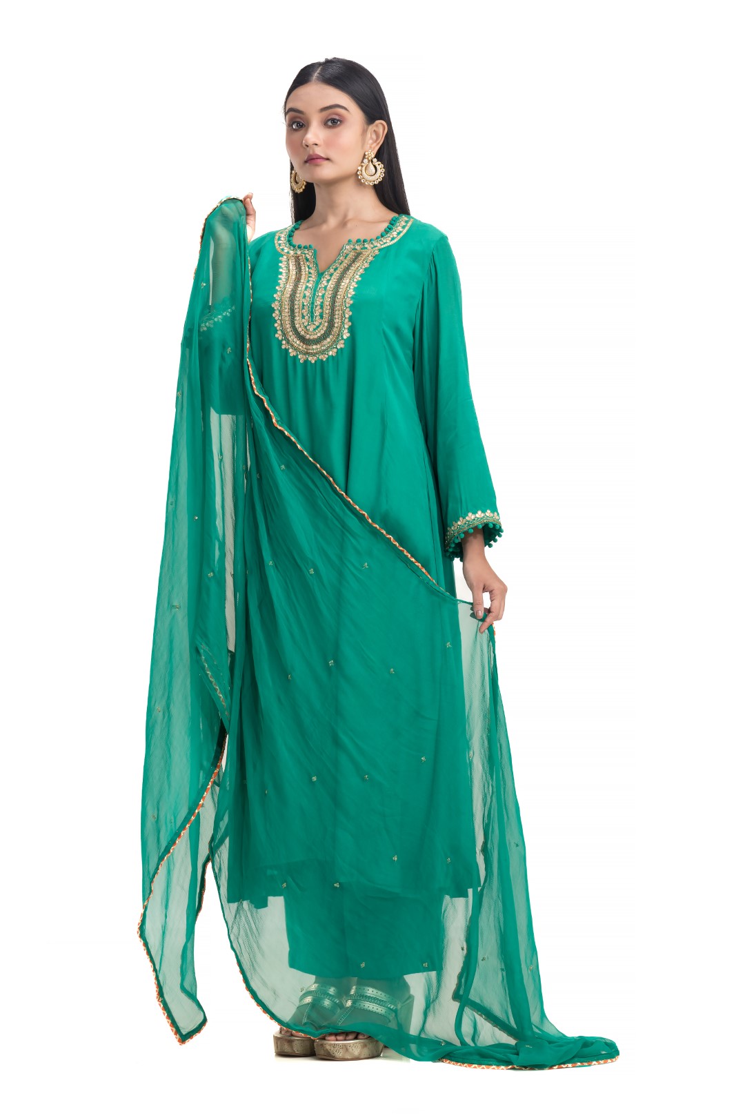 Modern Teal A-Line Kurta Set with Intricate Gotta Patti Embroidery