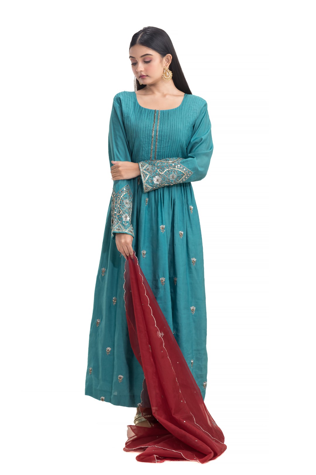 Elegant Blue Anarkali Gown with Maroon Dupatta and Silver Zari Embellishments