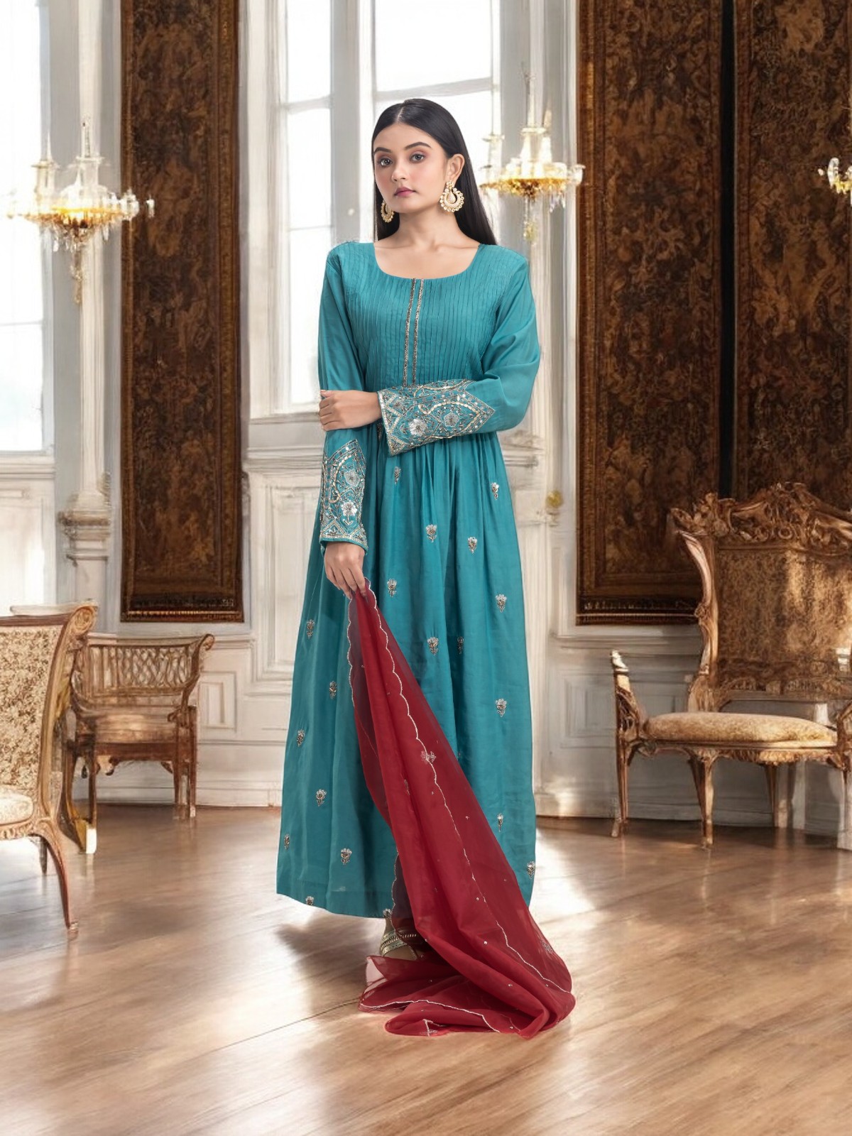 Elegant Blue Anarkali Gown with Maroon Dupatta and Silver Zari Embellishments