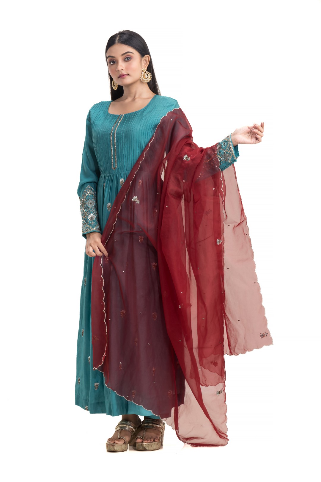 Elegant Blue Anarkali Gown with Maroon Dupatta and Silver Zari Embellishments