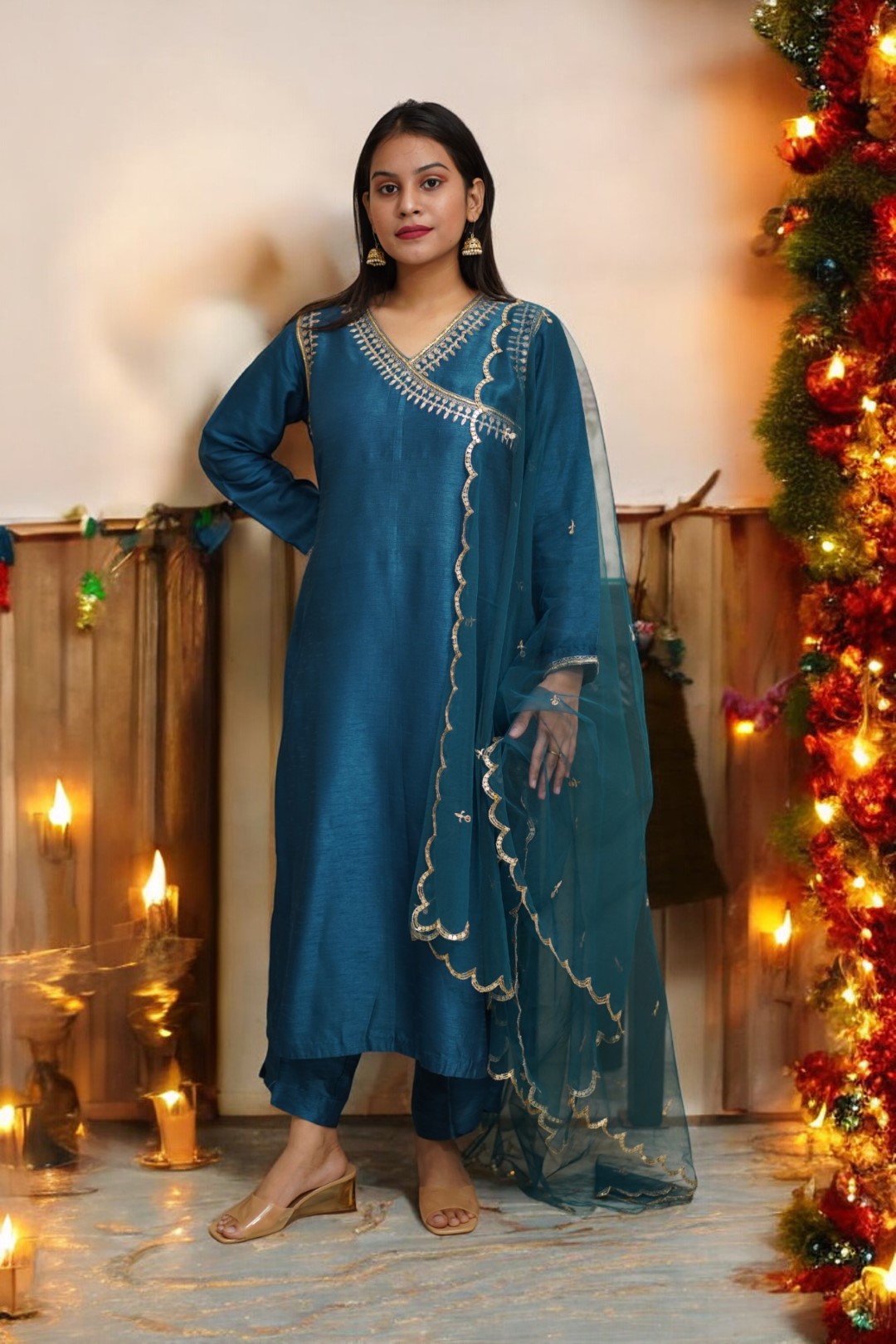 Royal Blue Angrakha Kurta Set with Scalloped Net Dupatta and Zari Work