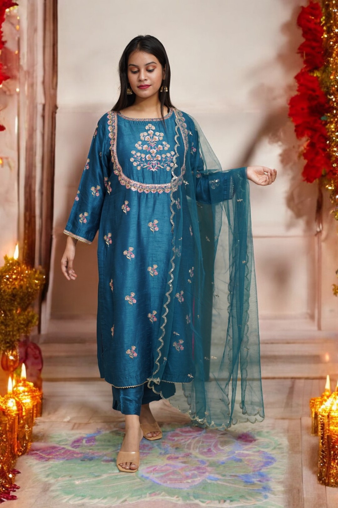 Teal Blue Salwar Kameez Set with Heavy Gold Zari and Zardosi Embroidery and Net Dupatta