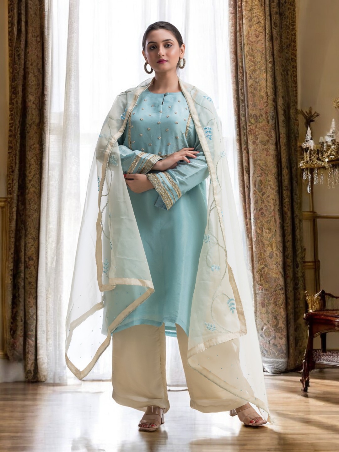 Pastel Blue & Beige Kurta Set with Pearl Detailing and Sheer Dupatta