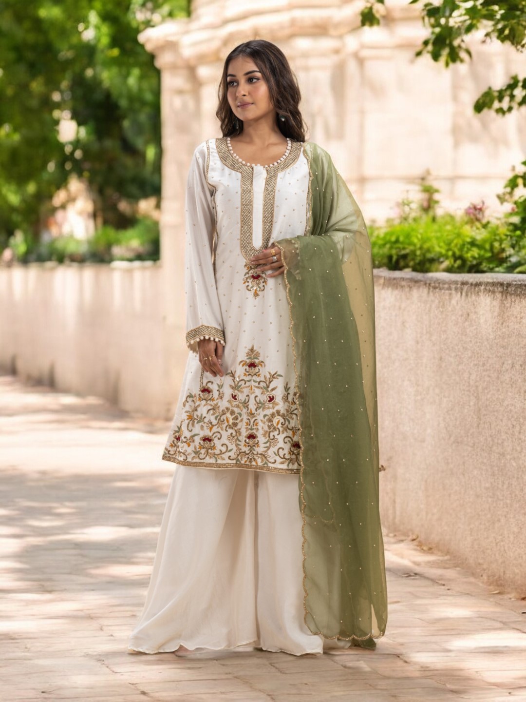 Ivory Raw Silk Sharara Set with Multicolor Hand Embroidery and Pista Green Dupatta