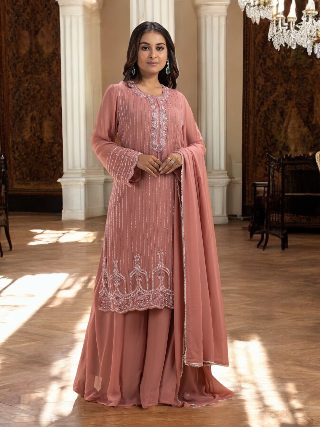 Rose Pink Georgette Sharara Set with Intricate Self-Work Embroidery