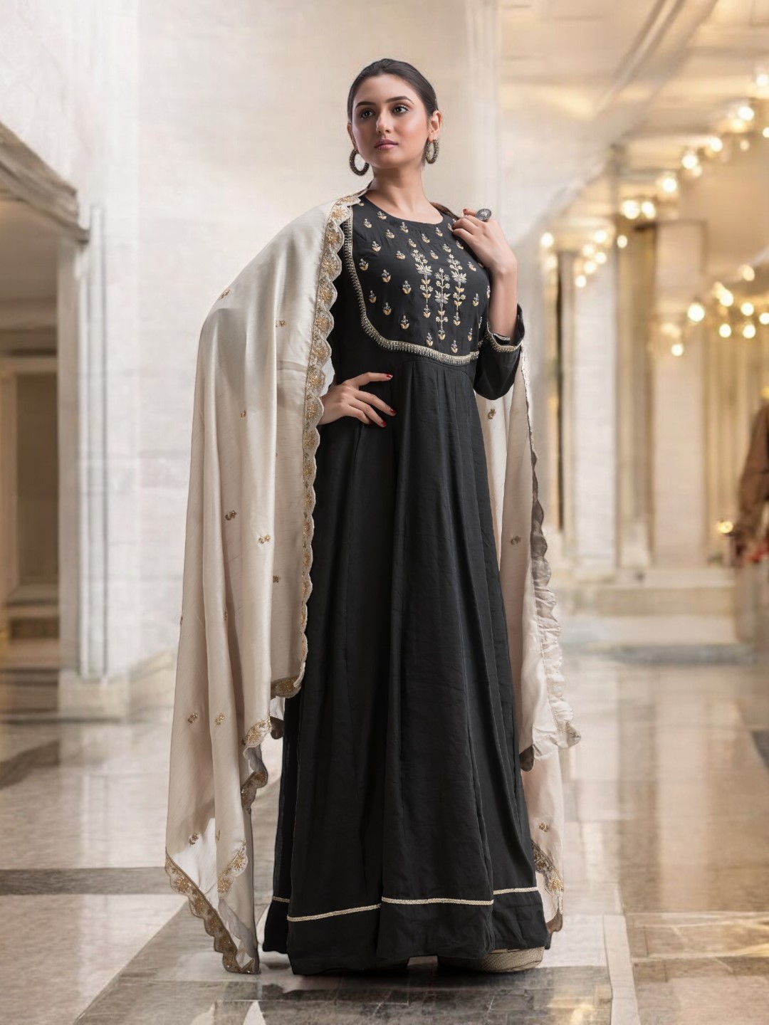 Classic Black Long Anarkali Gown with Traditional Embroidery