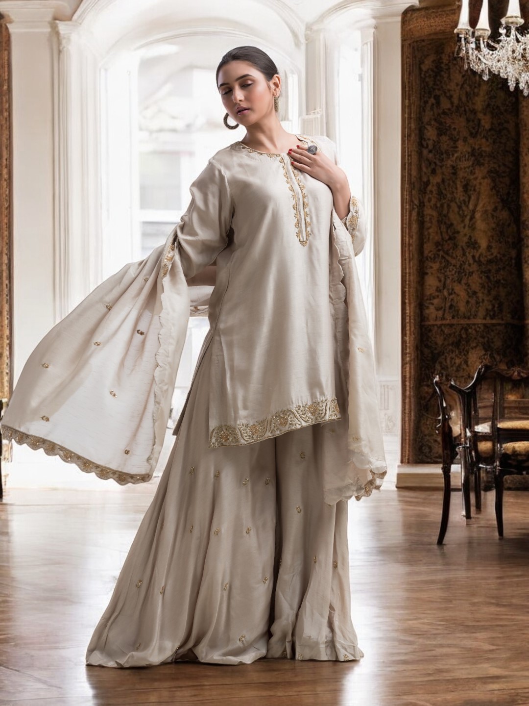 Regal Grey Sharara Set with Gold Zardosi