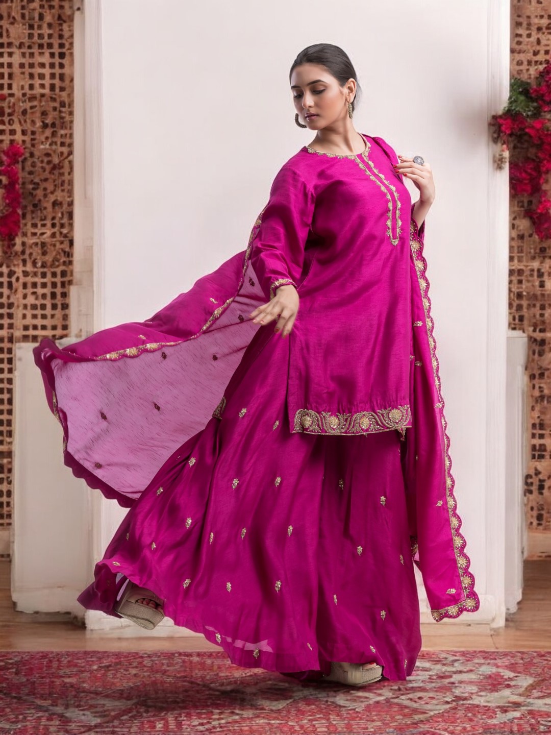 Regal Pink Sharara Set with Gold Zardosi Detailing