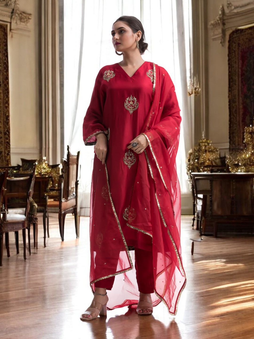 Rose Red Kurta Set with Dramatic Gold Zardosi Motif and Sheer Organza Dupatta