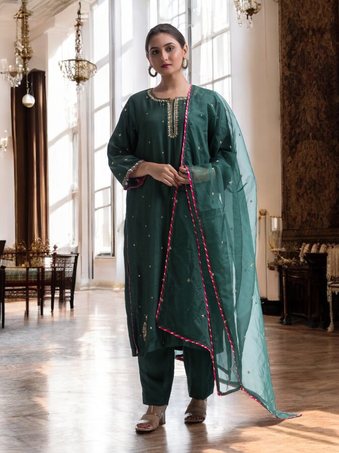 Dark Green Kurta Set with Gold Zardosi and Contrast Pink Gotta Lace