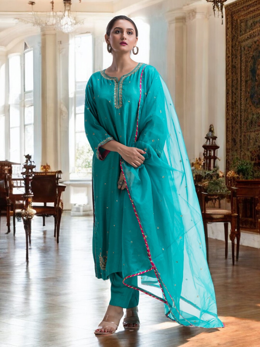 Teal Green Kurta Set with Gold Zardosi and Contrast Red Gotta Lace