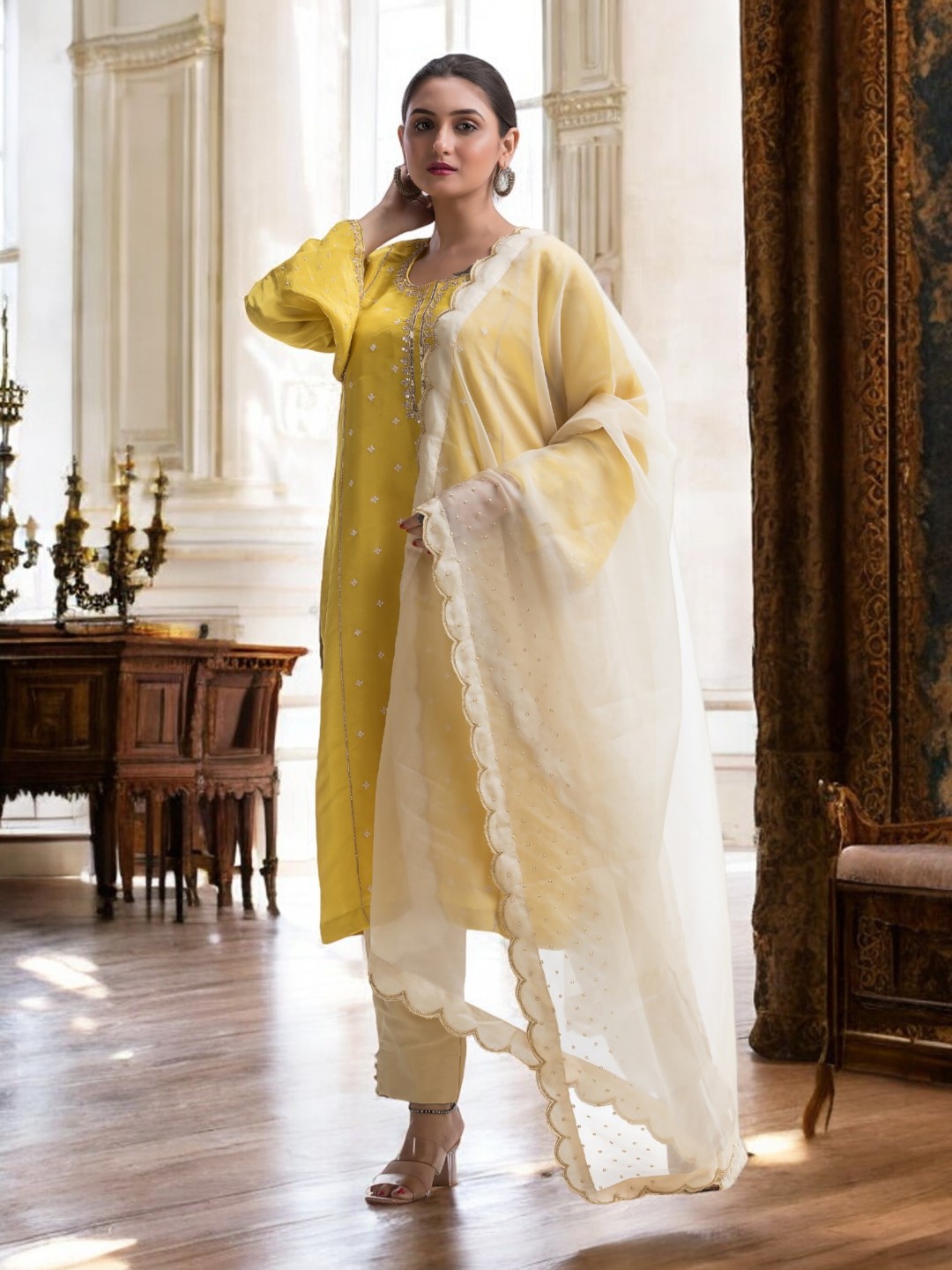 Golden Yellow Kurta Set with Scallop Dupatta and Sequin-Pearl Handwork