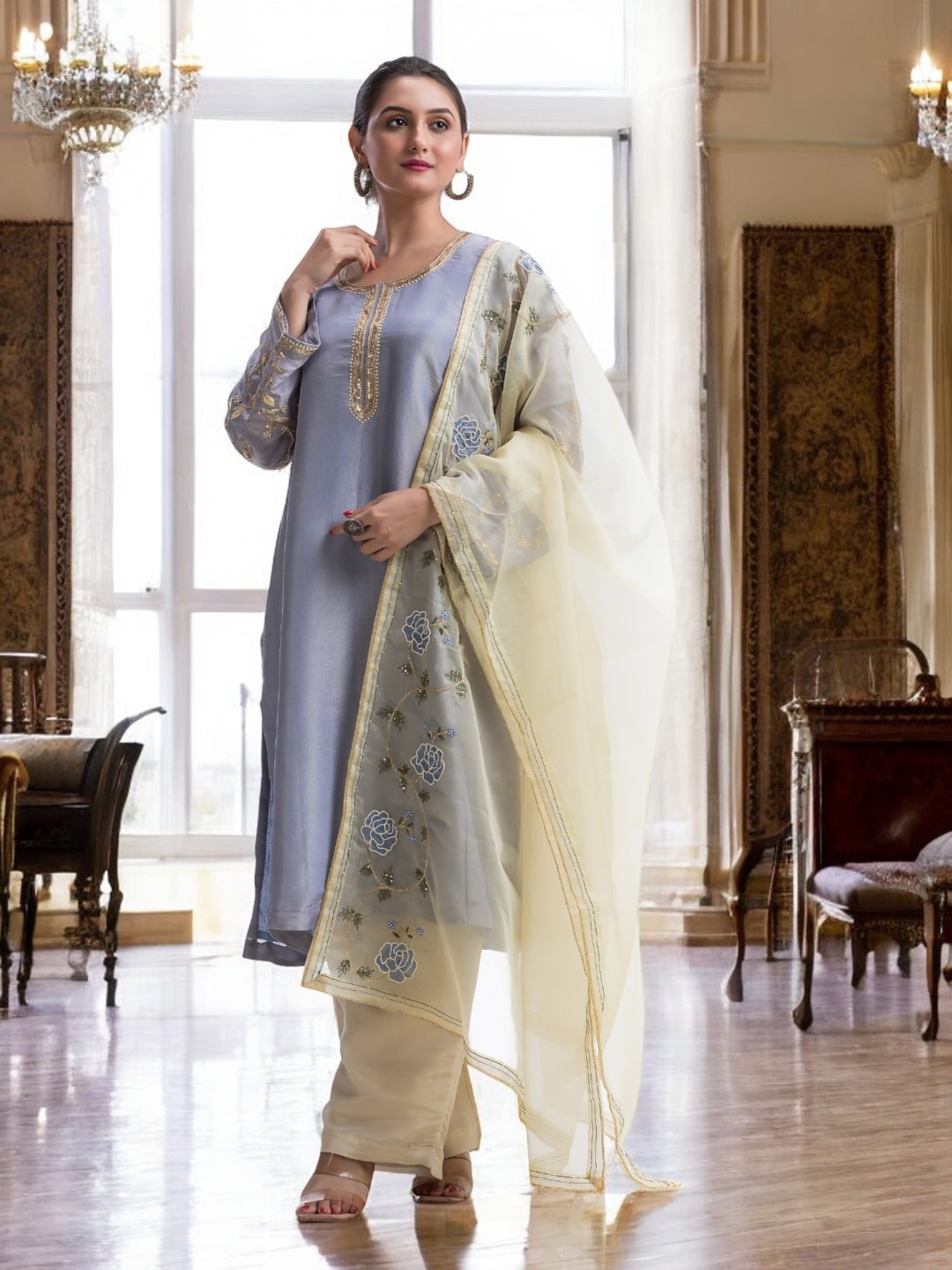 Pastel Lavender & Beige Kurta Set with Gold Zardosi Embroidery