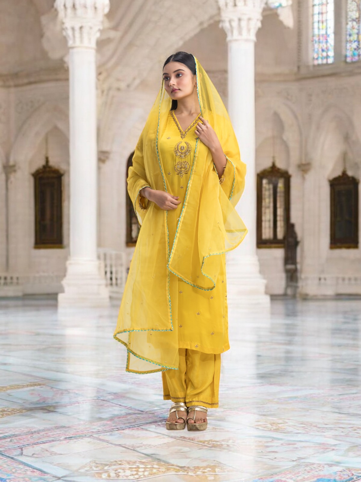 Bright Yellow Salwar Kameez Set with Gold Zardosi Embroidery